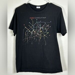 Vintage 90s Graphic T-Shirt Paris Subway Map Cotton Black Short Sleeve S